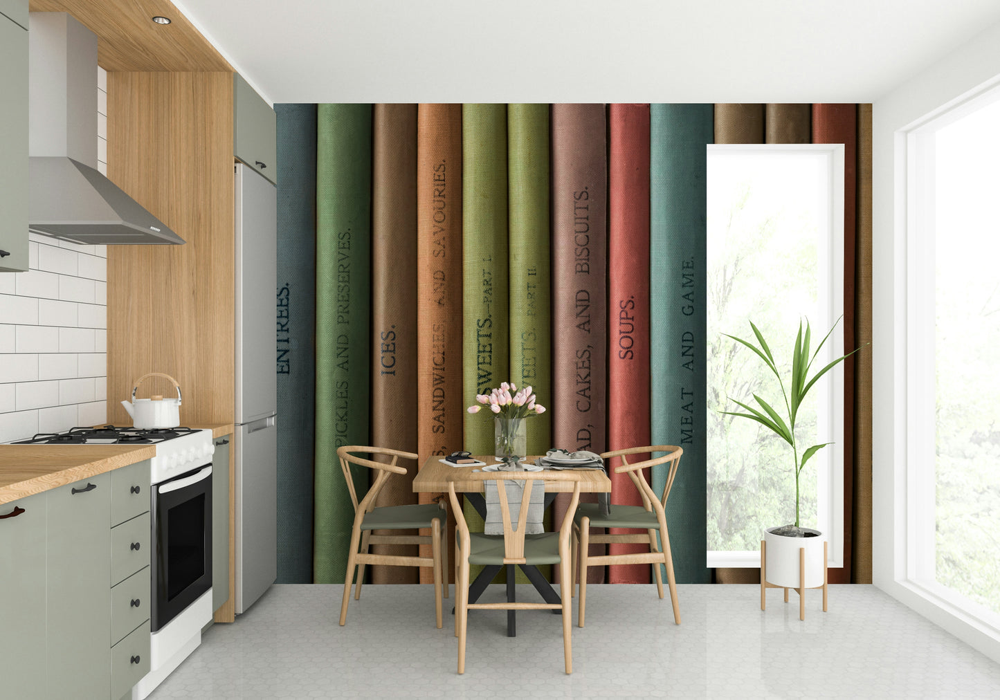 Elegant book spine mural wallpaper for a refined, sophisticated room.

