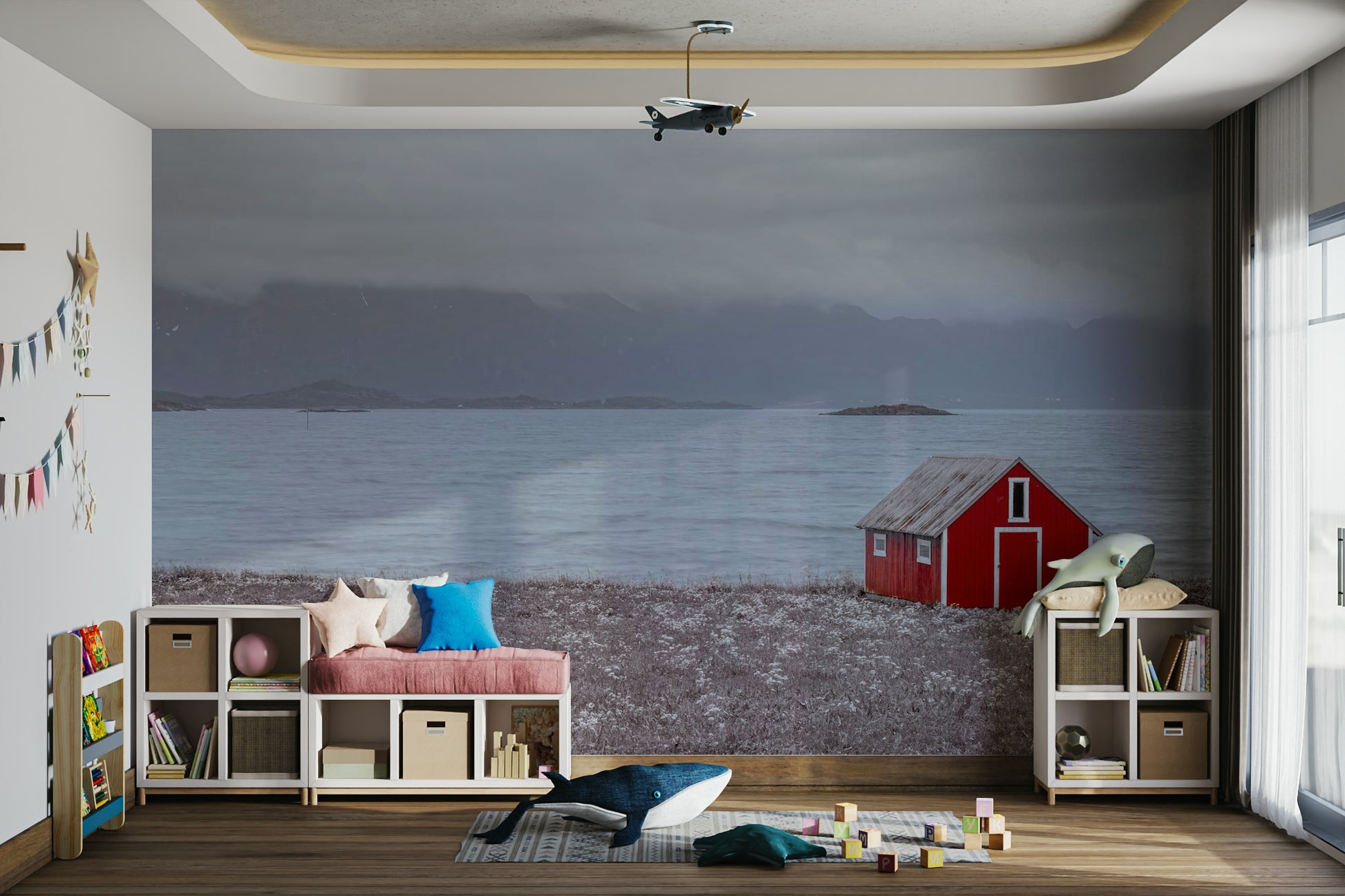 Peaceful red cabin and coastal landscape mural for tranquil rooms.


