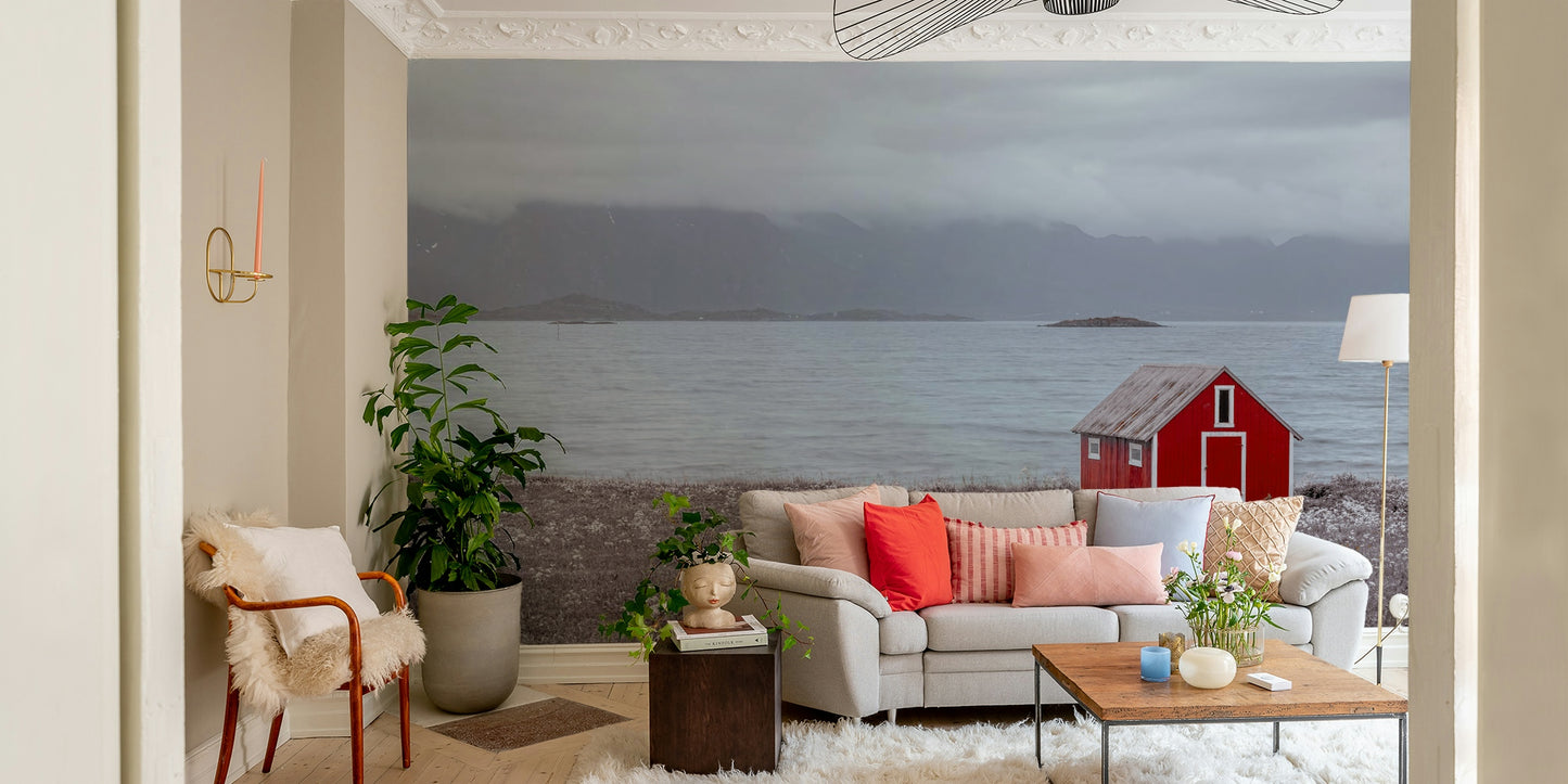 Coastal cabin and mountain mural wallpaper for a calming room vibe.

