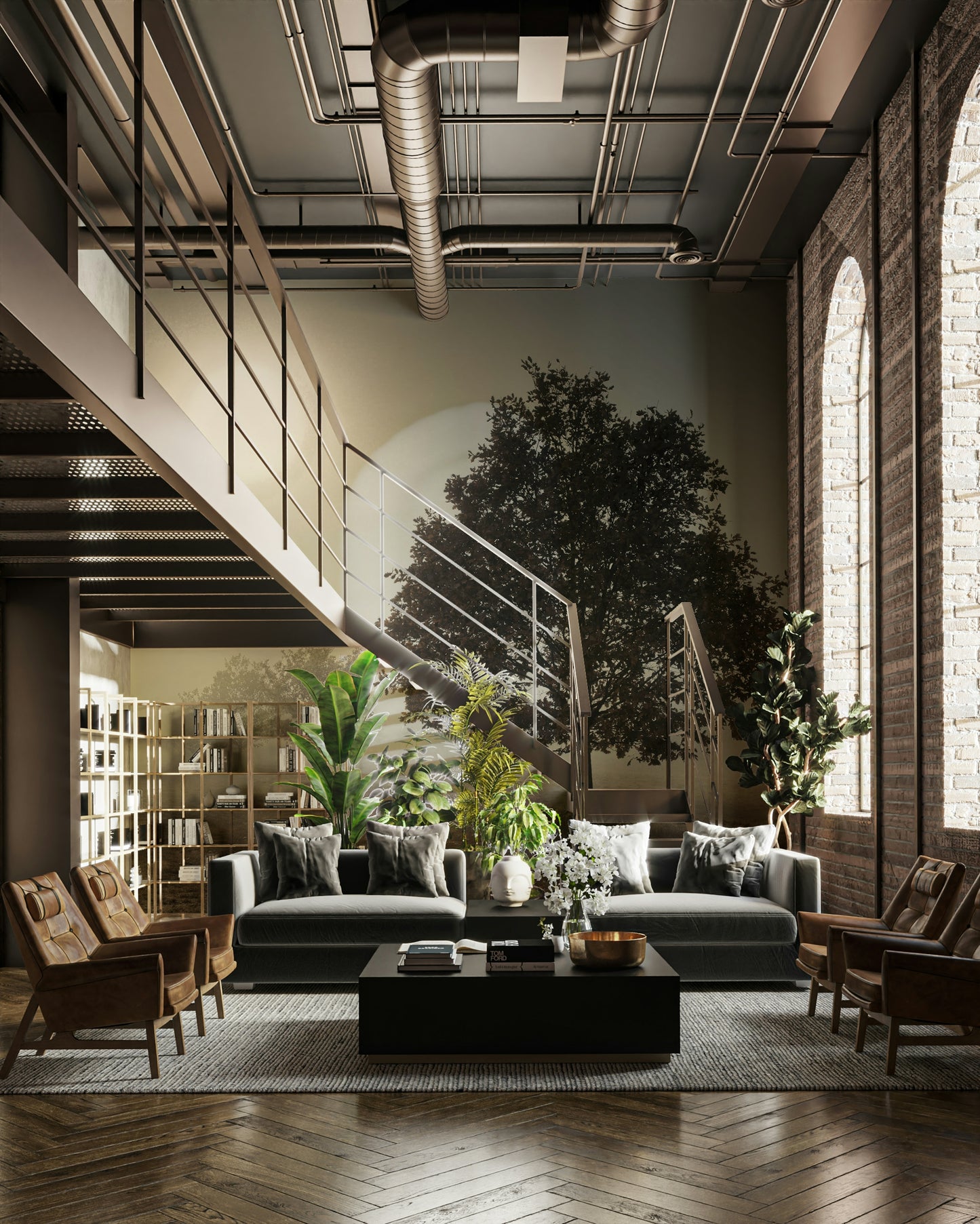 Solitary tree silhouette captured in a tranquil landscape mural.

