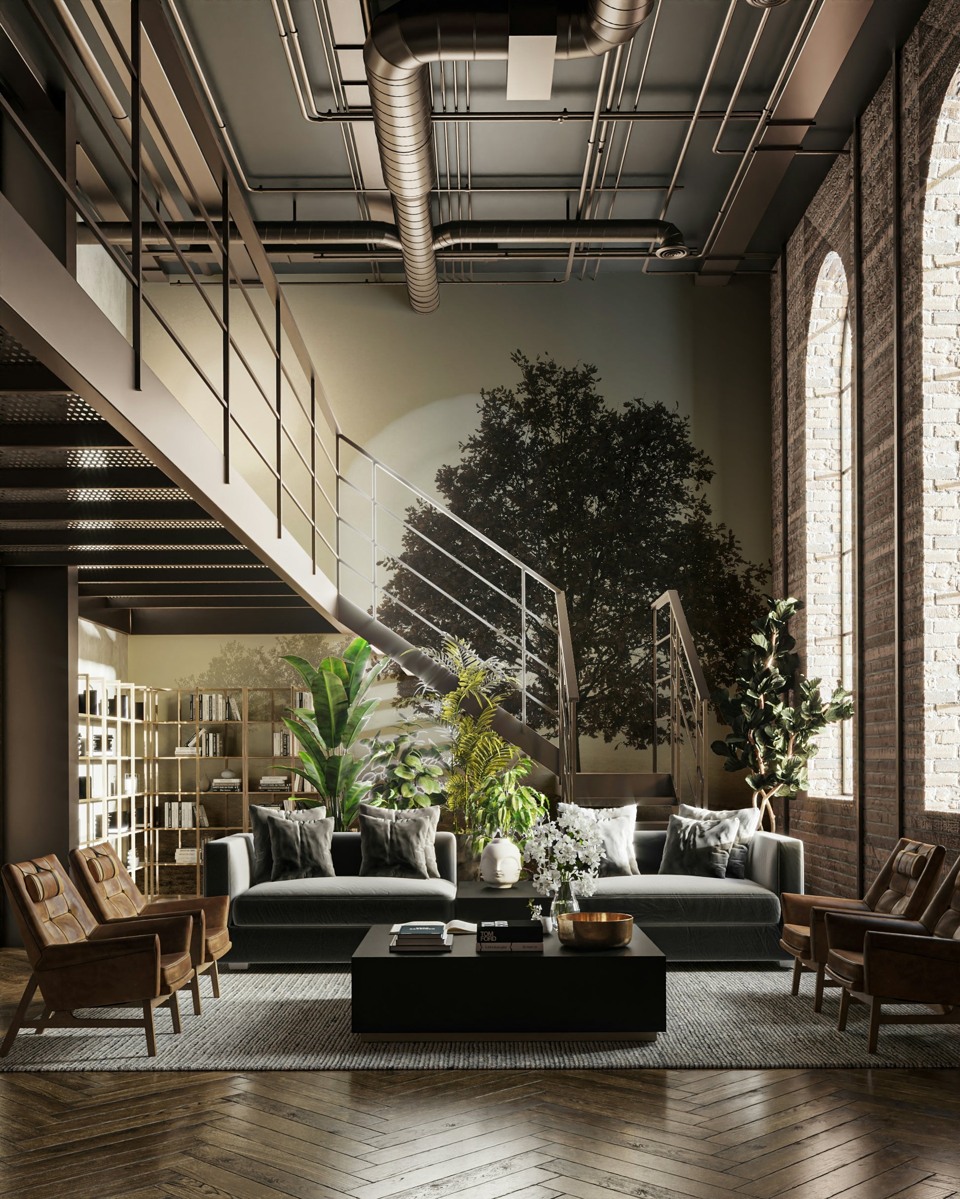 Solitary tree silhouette captured in a tranquil landscape mural.

