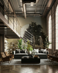 Solitary tree silhouette captured in a tranquil landscape mural.

