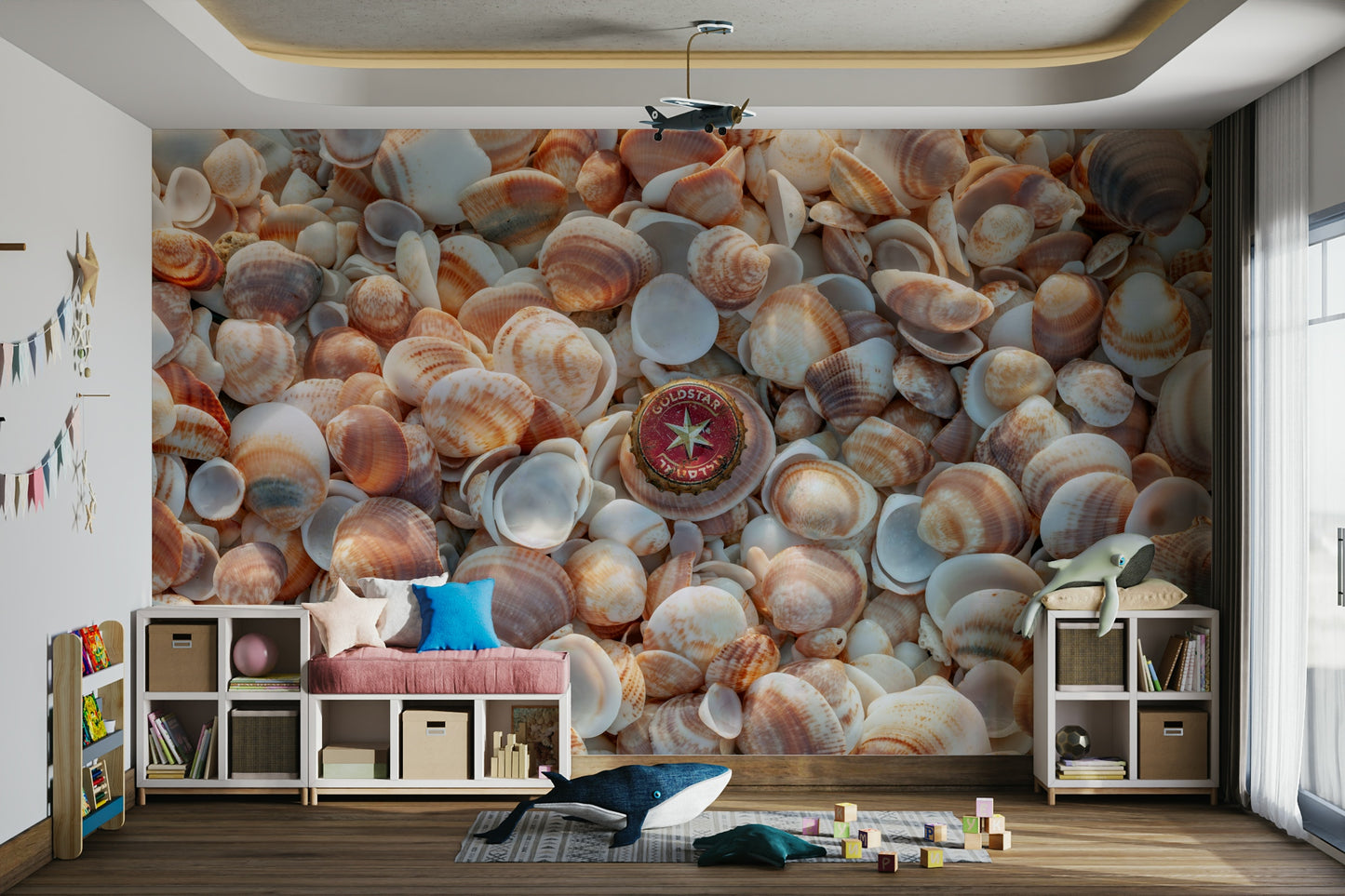 Beach Treasures Wall Mural with seashells and smooth stones.

