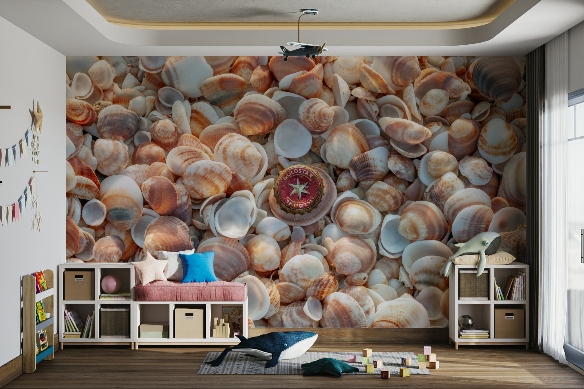Beach Treasures Wall Mural with seashells and smooth stones.


