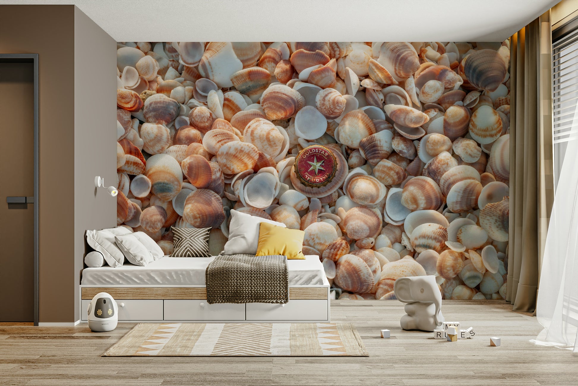 Coastal treasures wall mural with natural beach elements.


