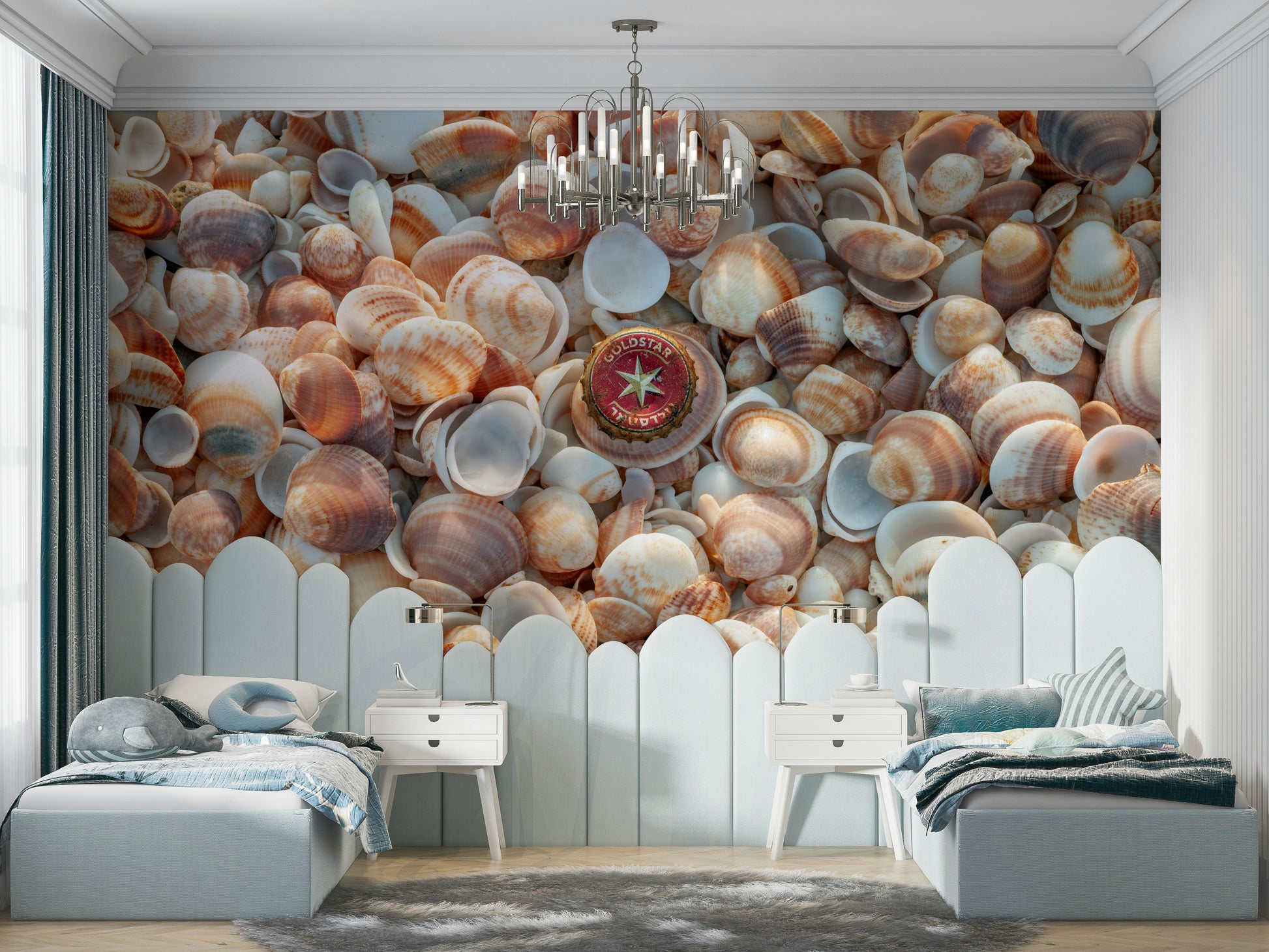 Coastal beach treasures mural featuring seashells on the sand.

