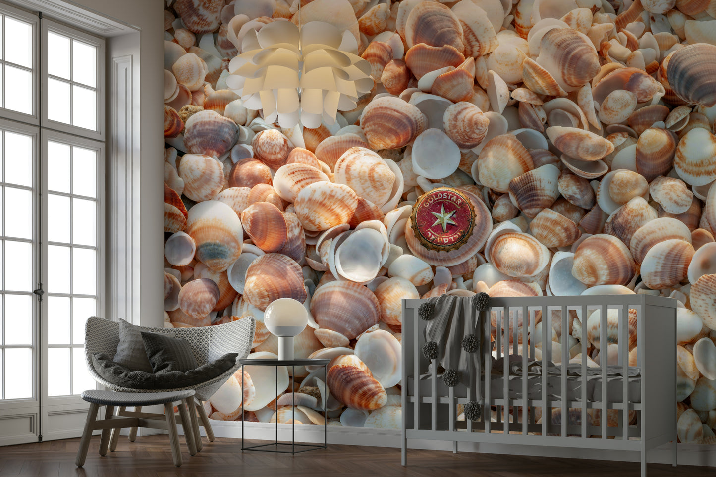 Soft beach sand and seashell wall mural for a tranquil room.

