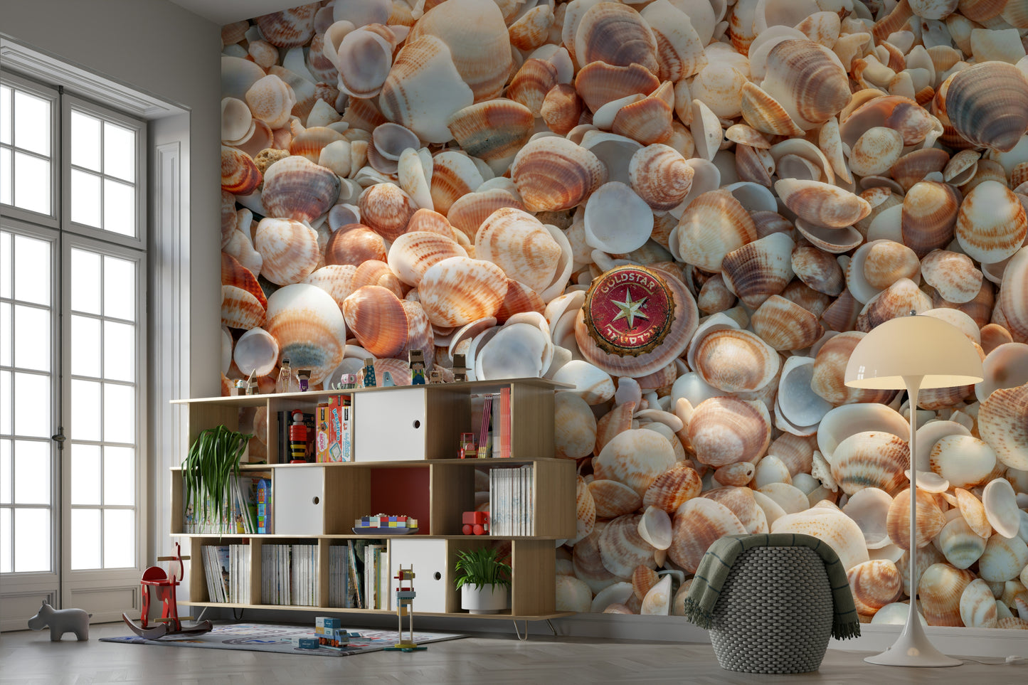 Soft sand and seashell mural for a peaceful, beachy atmosphere.

