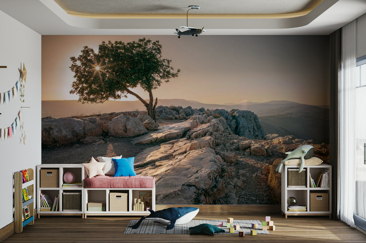 Calm and peaceful wall mural with solitary tree and sunset colors.

