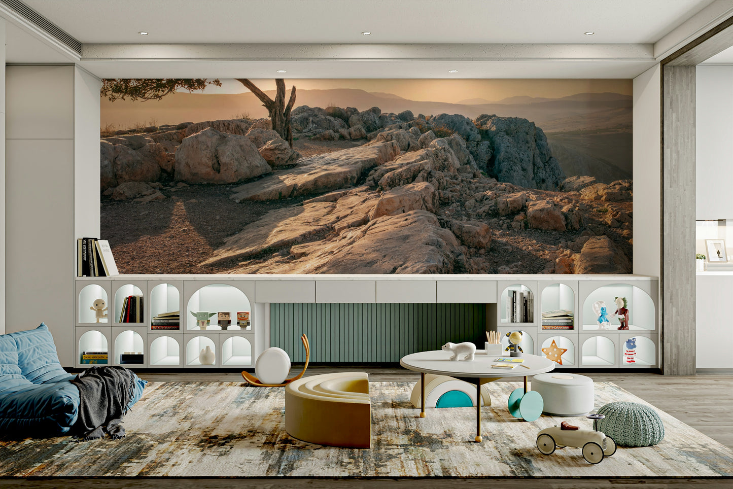 Serene wall mural with a tree at dusk and soft sunset hues.

