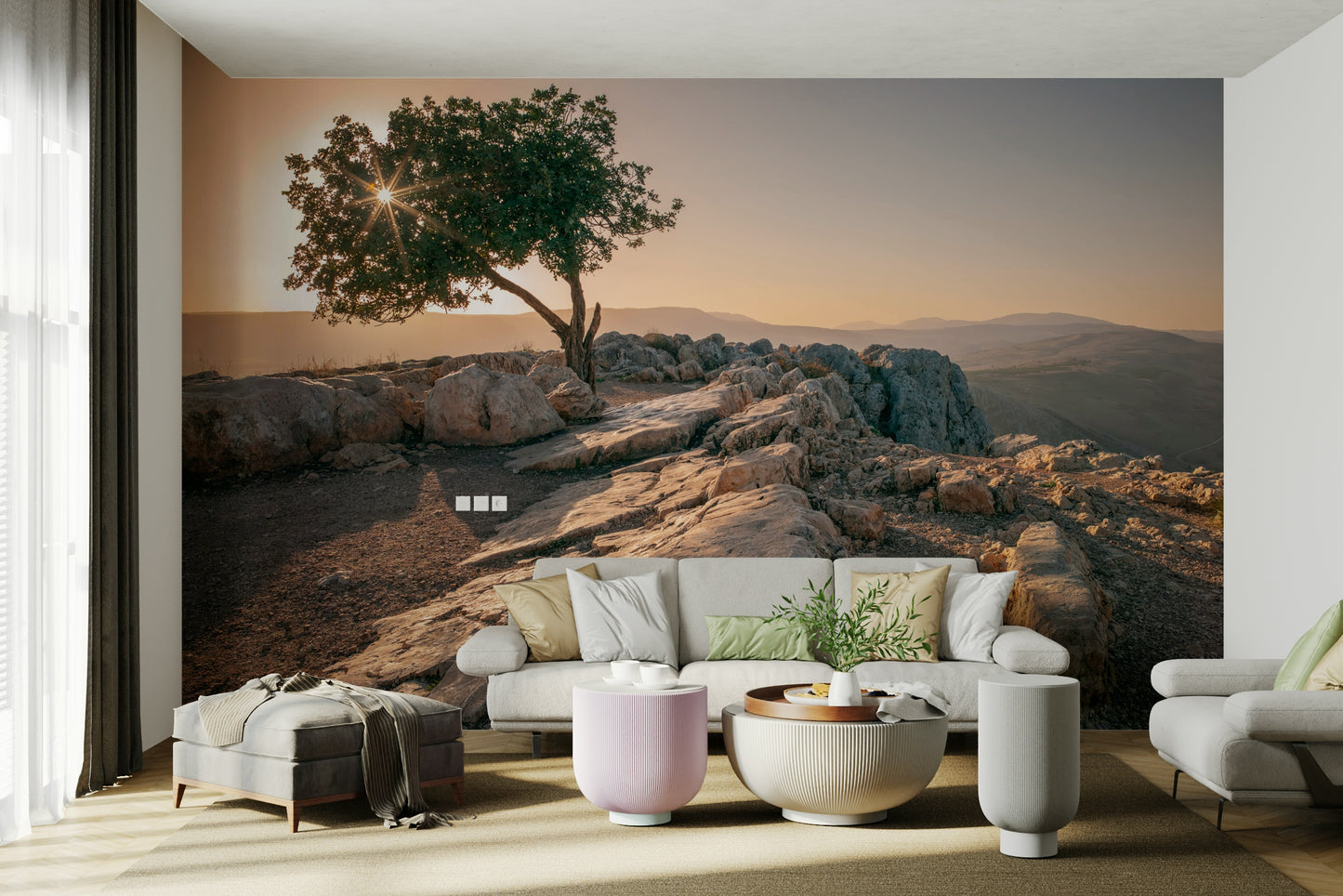 Solitary tree at sunset mural wallpaper for a tranquil home.

