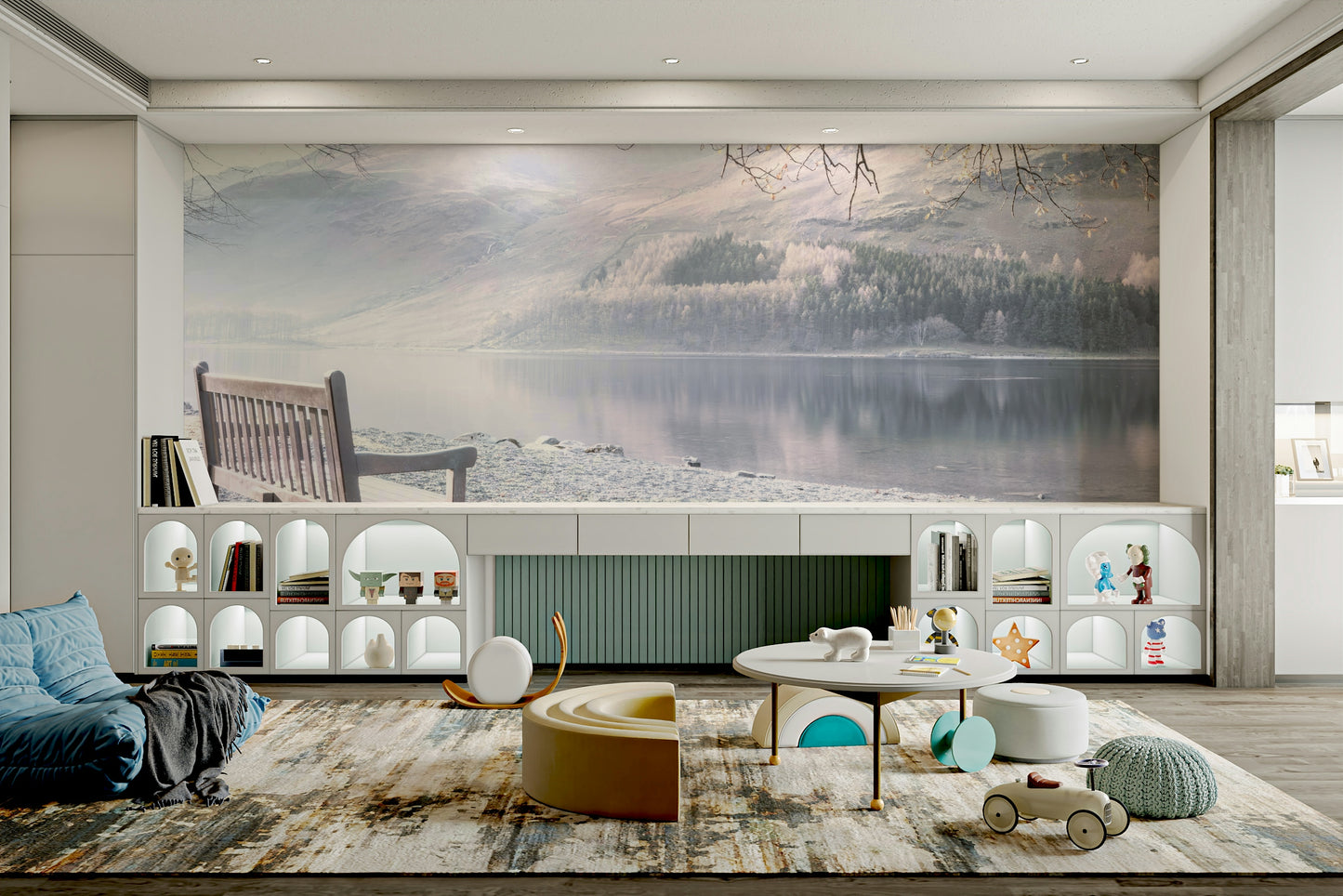 Peaceful bench by the lake mural for a calming room vibe.

