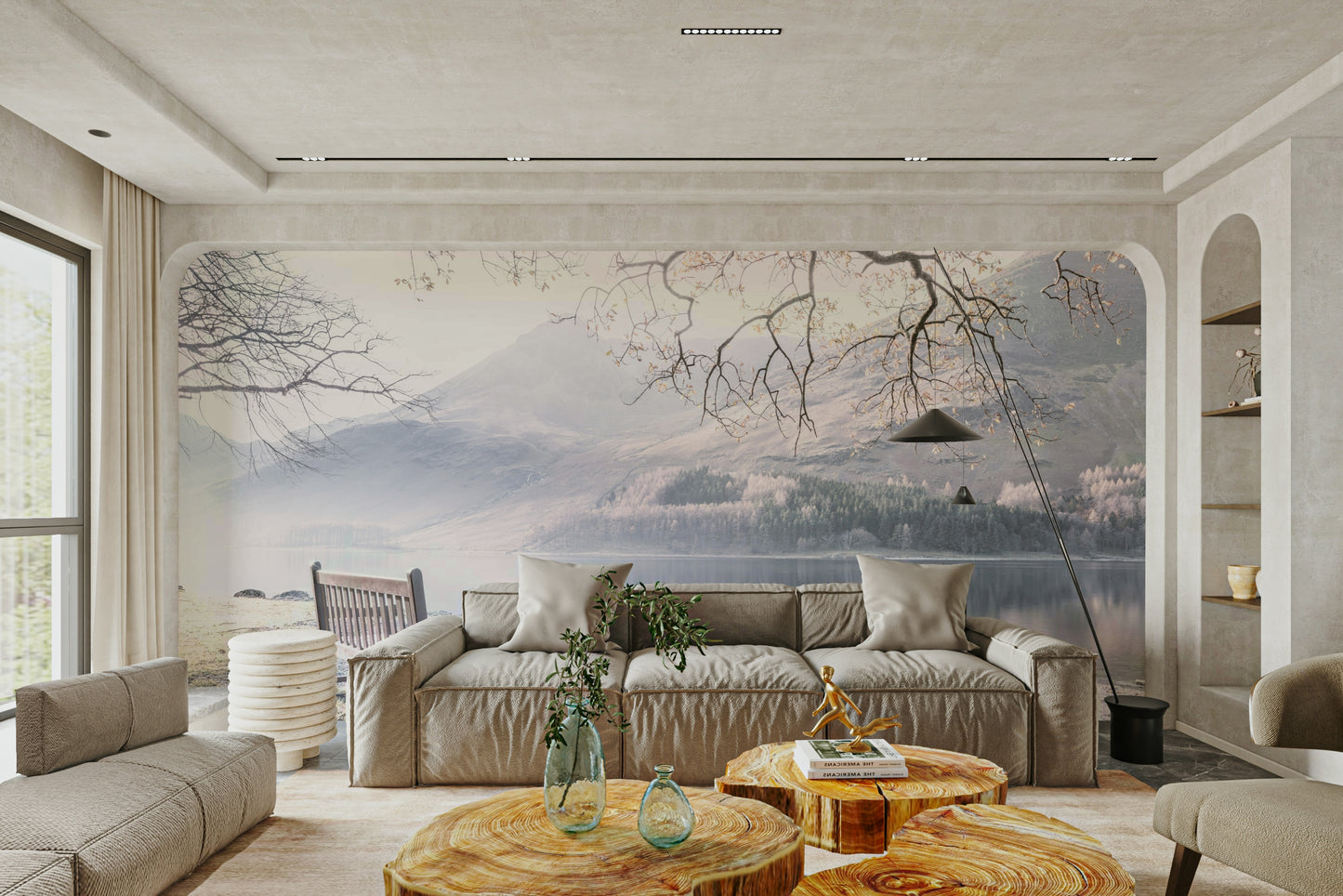 Tranquil bench by the lake wall mural for nature-inspired rooms.

