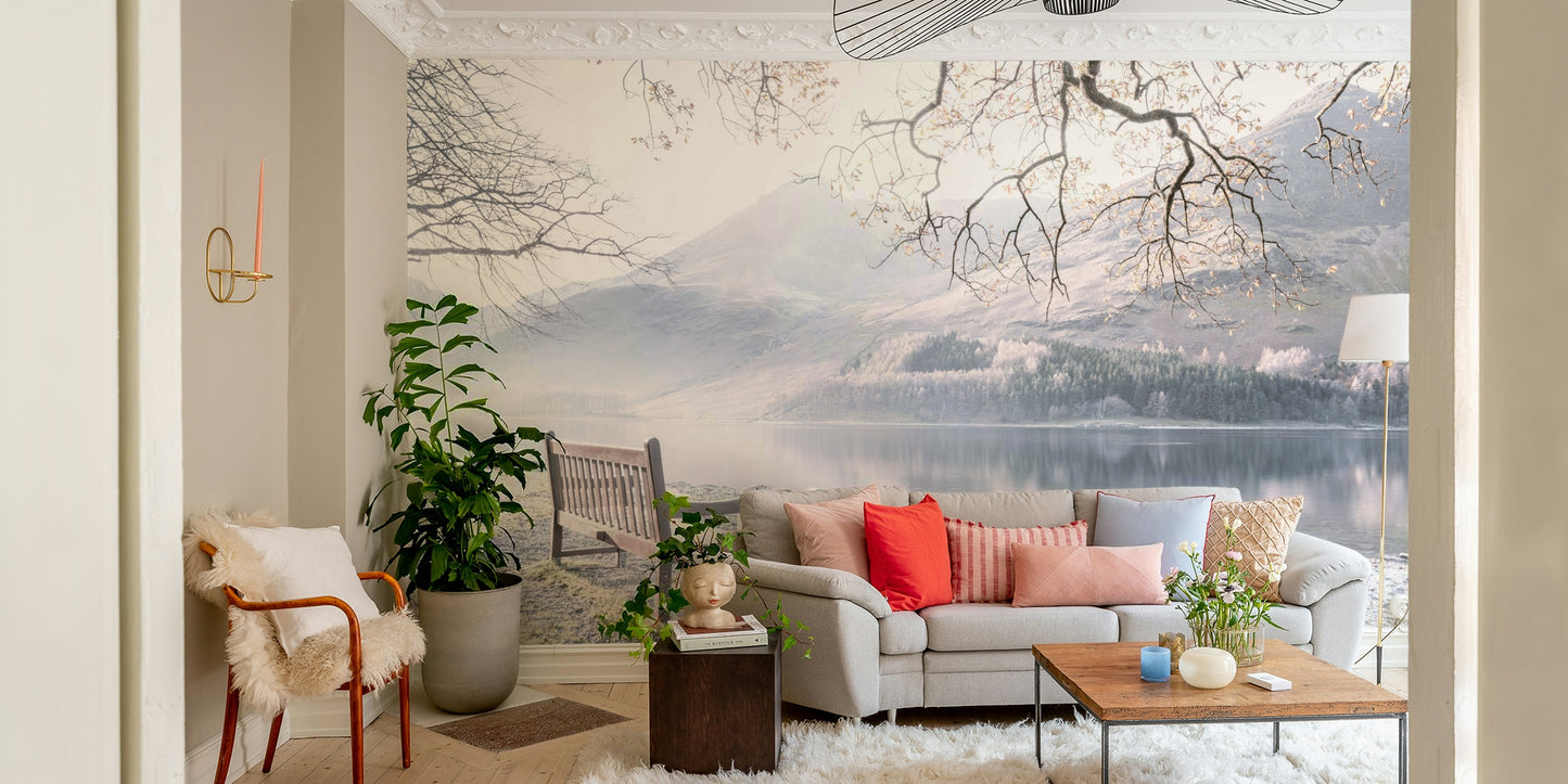 Gentle lakeside mural with a bench and soft landscape.

