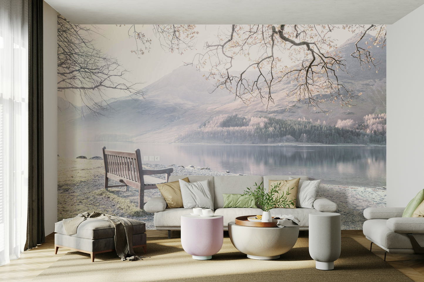 Serene lakeside scene mural with a bench by still water.

