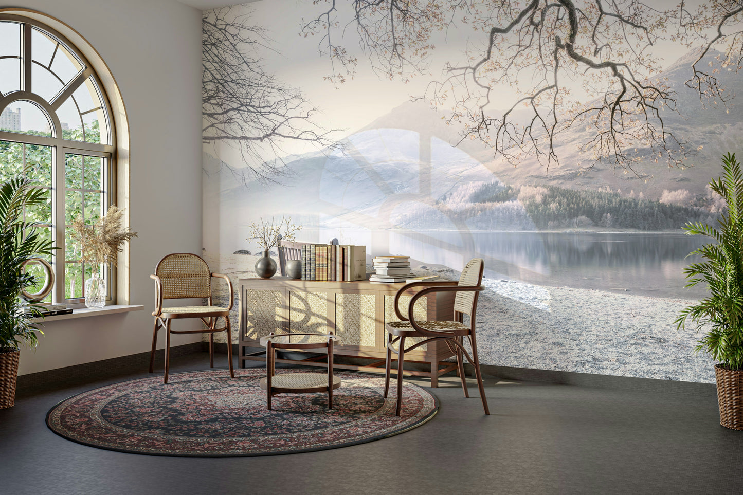 Misty lake and bench mural for creating a serene atmosphere.


