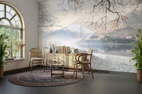 Misty lake and bench mural for creating a serene atmosphere.

