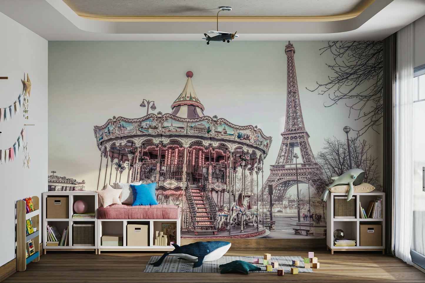 Parisian carnival mural featuring the Eiffel Tower and carousel.


