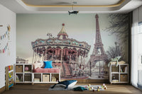 Parisian carnival mural featuring the Eiffel Tower and carousel.

