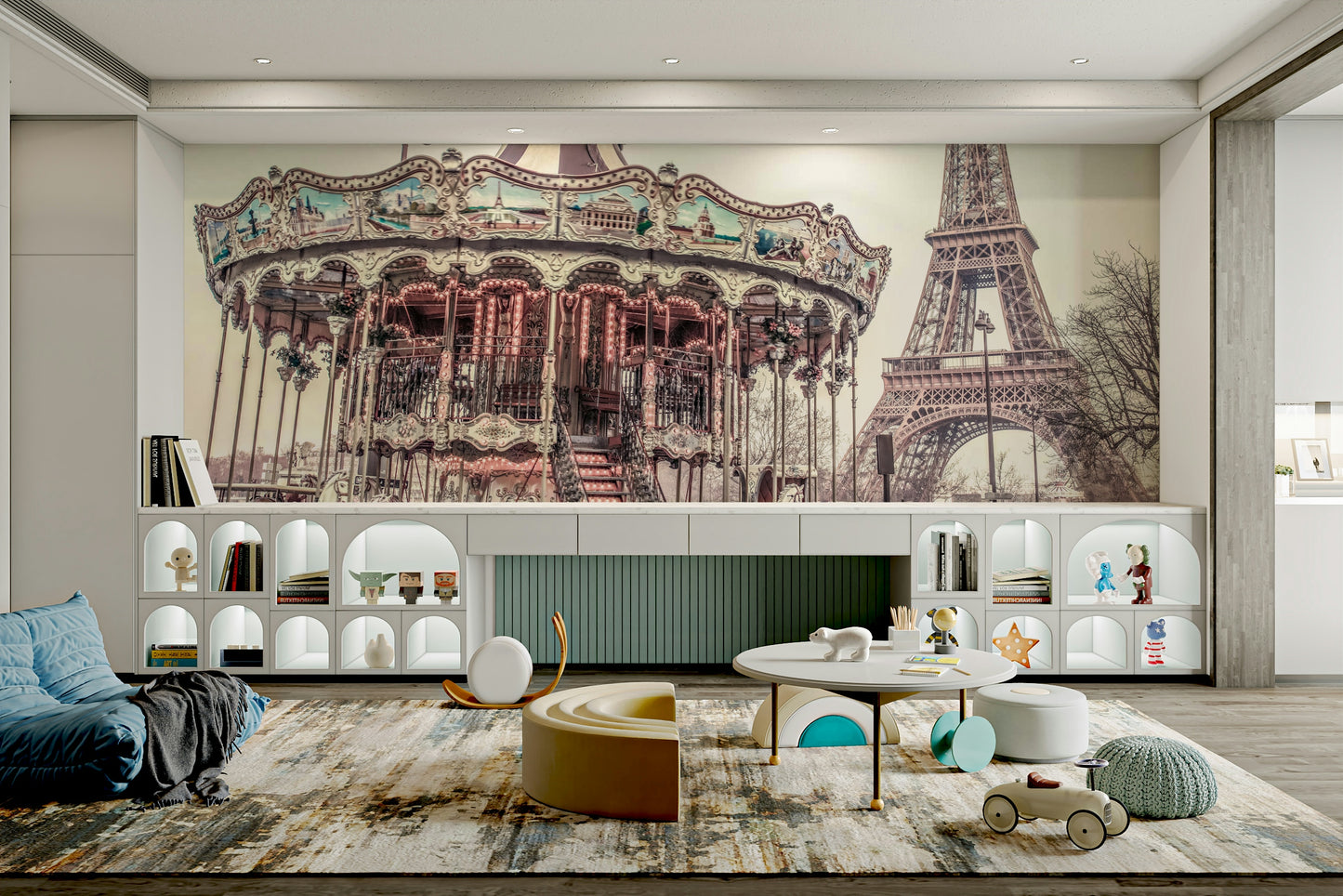 Paris carousel with the Eiffel Tower in the background mural.

