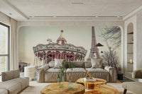 Elegant Eiffel Tower and carousel mural wallpaper for walls.

