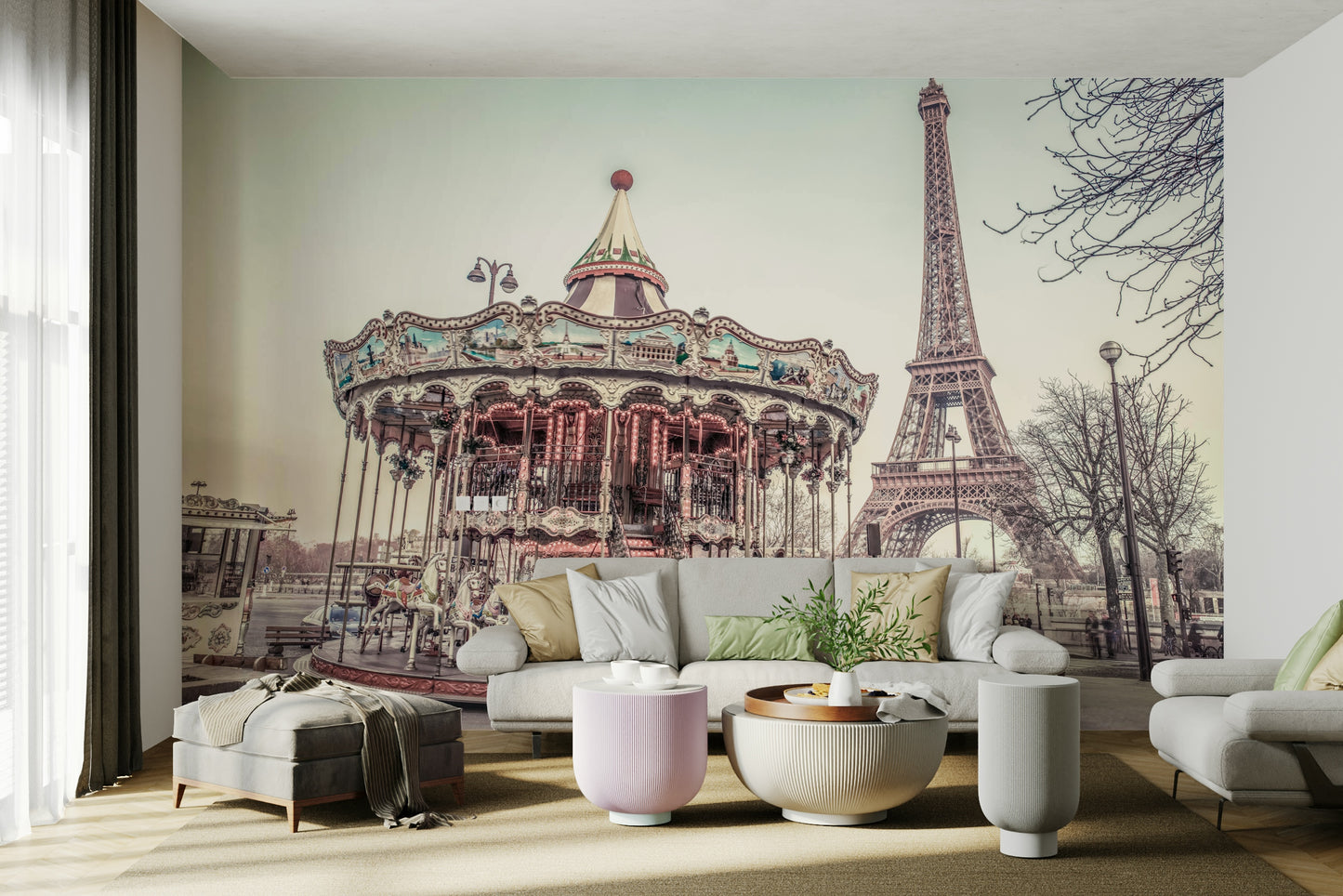 Carousel and Eiffel Tower Wall Mural with vintage carousel.

