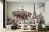 Carousel and Eiffel Tower Wall Mural with vintage carousel.


