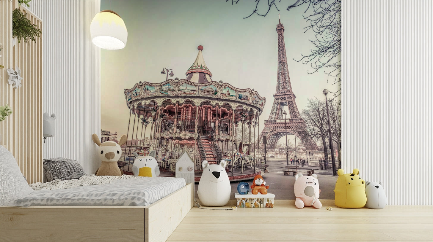 Eiffel Tower and carousel mural for a romantic Paris vibe.

