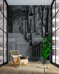 Montmartre Stairway Wall Mural with cobblestone steps and lamps.

