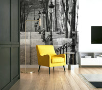 Black-and-white Montmartre stairway wall mural for Parisian decor.

