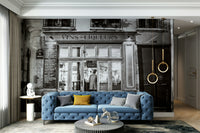 Black-and-white Parisian bar wall mural for elegant home decor.

