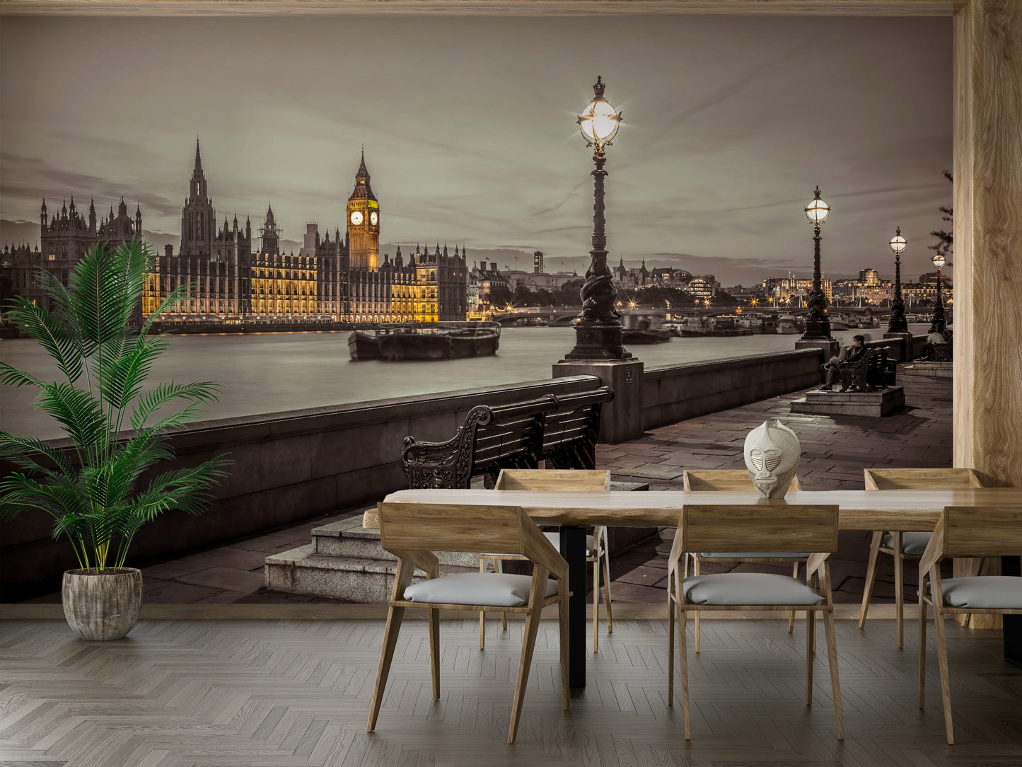 Thames riverside bench mural with a view of Big Ben.

