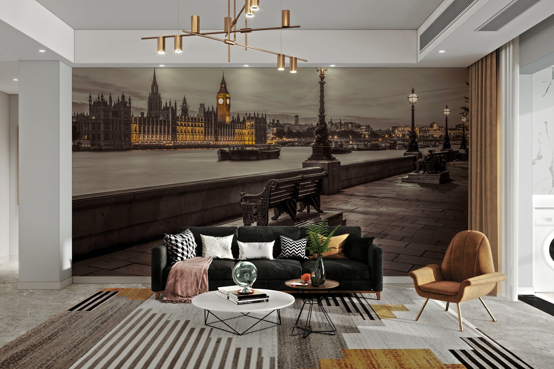 London skyline mural with Embankment bench and city lights.

