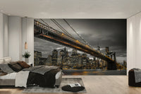 Manhattan cityscape mural with illuminated bridge

