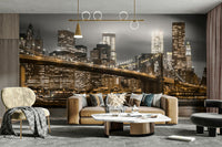 Urban nightscape mural with glowing bridge lights

