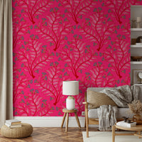 Classic damask pattern wallpaper in bold red and pink

