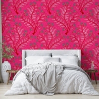 Pink and cherry damask print wallpaper with florals

