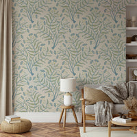 Botanical cottage-style wallpaper with trumpet flowers

