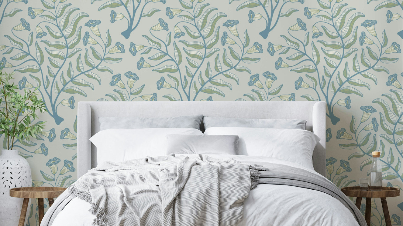 Cottagecore wallpaper in blue, sage green, and gray

