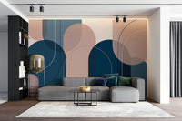 Minimalist wall mural with pink and blue segments


