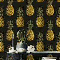 Pineapple pattern wallpaper in gold and tropical colors

