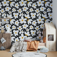 Elegant midnight daisy wallpaper with moody tones

