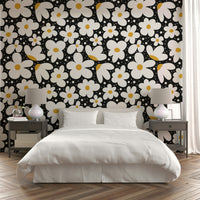 Floral wallpaper with white daisies on a midnight backdrop


