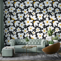 Dark floral wallpaper featuring white daisies

