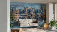 Reflected Manhattan skyline mural with river view

