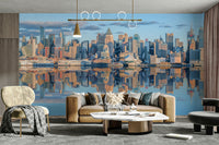 New York skyline mural with reflective river and buildings

