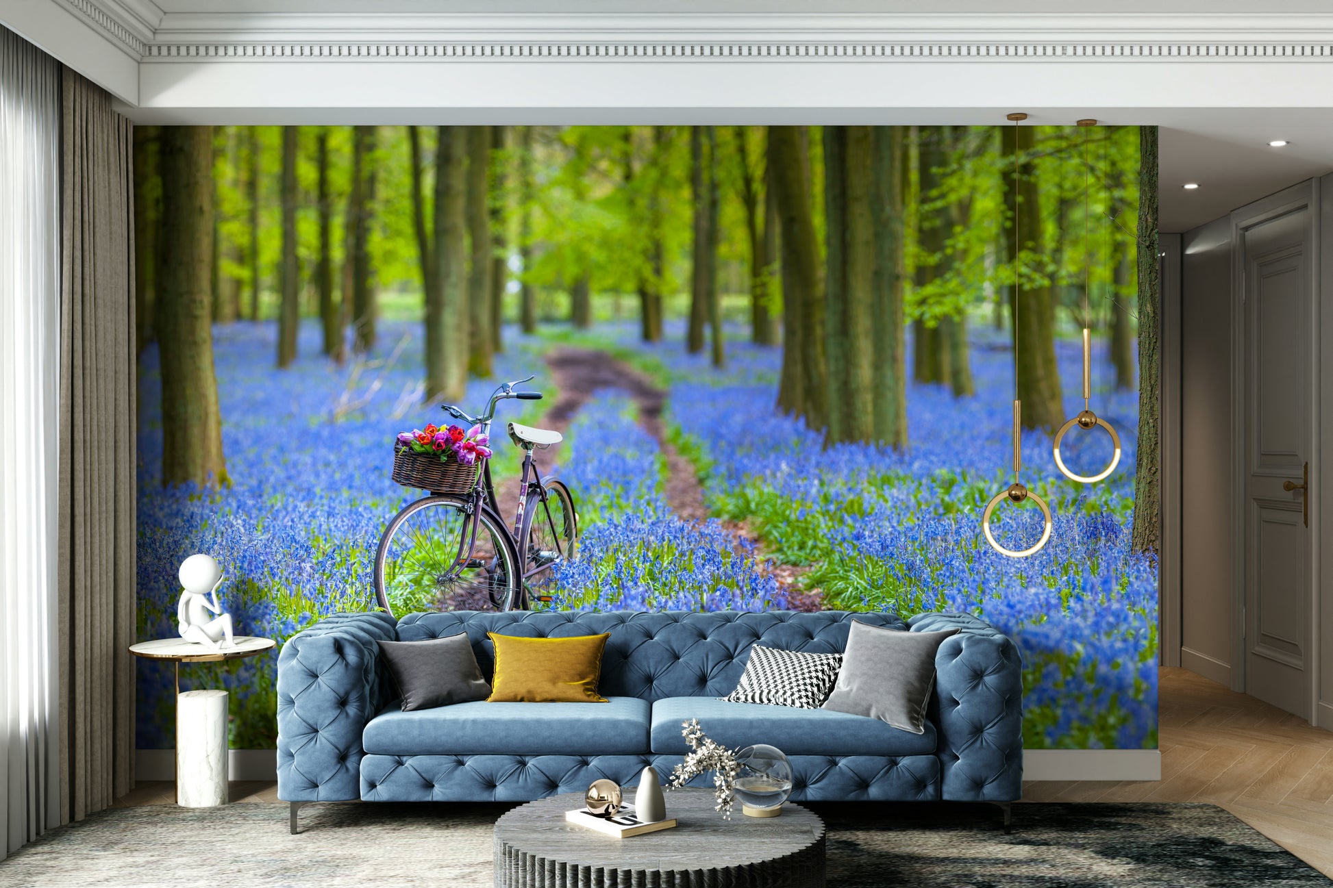 Bicycle and bluebell flower mural for peaceful interiors

