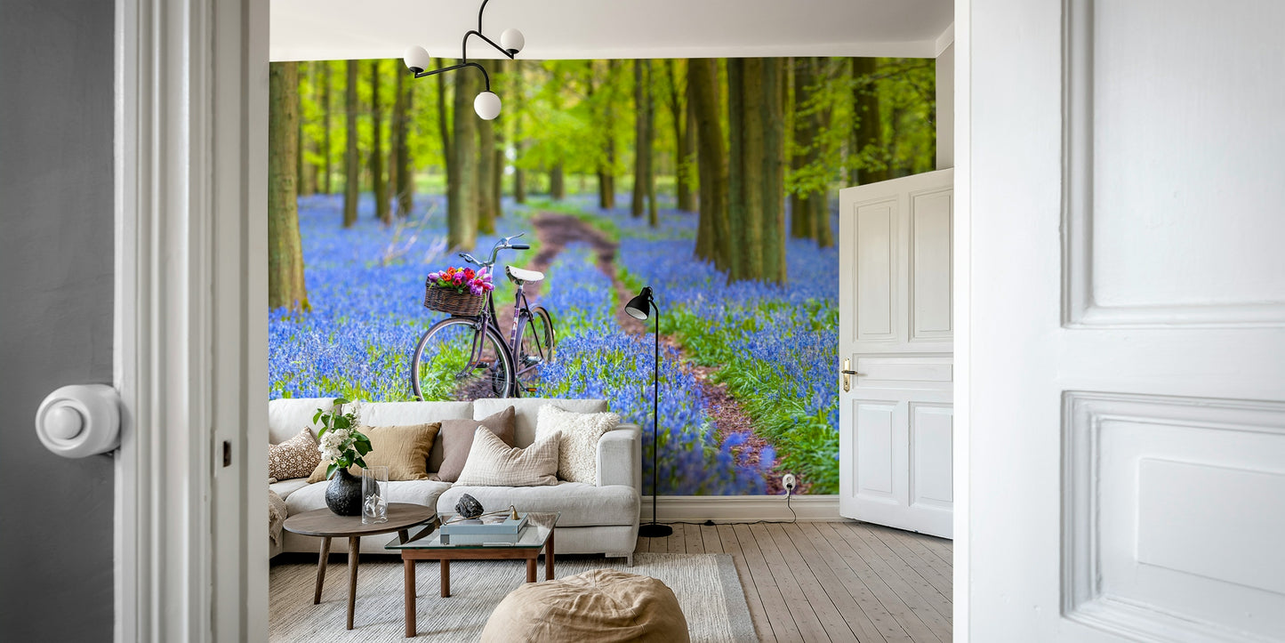 Soft bluebell wall mural with bicycle illustration

