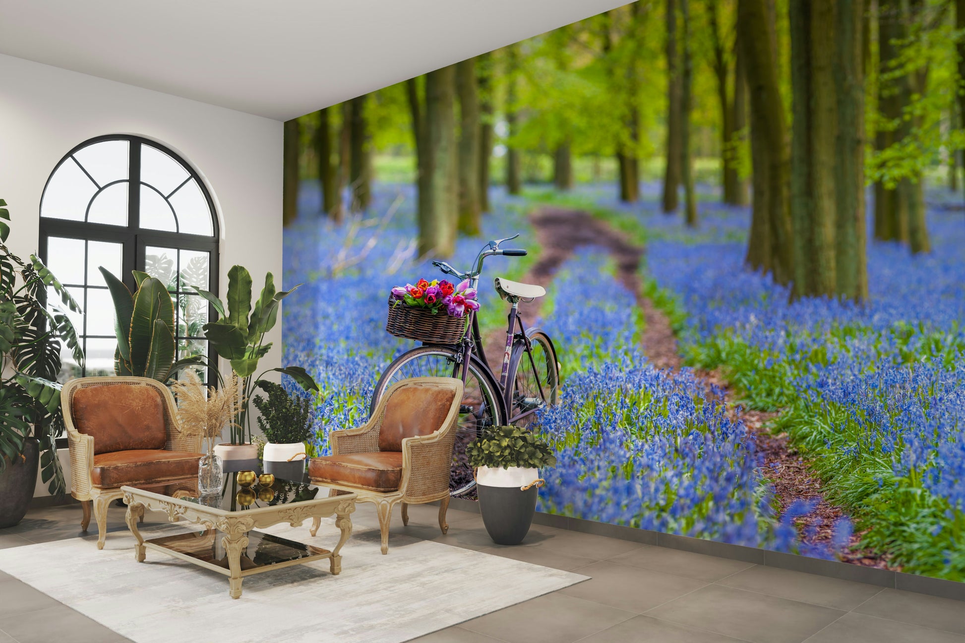 Dreamy bluebell landscape with a bicycle mural

