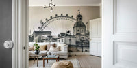 The Wheel Behind Wall Mural depicting London architecture with Ferris wheel.

